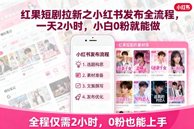 红果短剧拉新之小红书发布全流程，一天2小时，小白0粉就能做-网创先锋