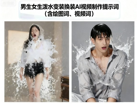 男生女生泼水变装换装AI视频制作提示词(含绘图词、视频词)-网创先锋