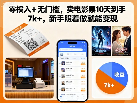 零投入+无门槛，卖电影票10天到手7k+，新手照着做就能变现【揭秘】-网创先锋