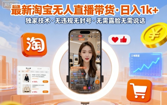 最新淘宝无人直播带货，日入1k+，独家技术，无违规无封号，无需露脸无需说话【揭秘】-网创先锋