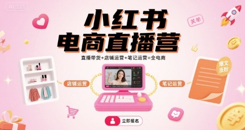 小红书电商直播营，直播带货+店铺运营+笔记运营=全电商-网创先锋